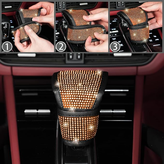 8 pcs Orange Bling Car Accessories Set for Women, Steering Wheel Cover, Sparkly Seat Belt Covers, Bling Gear Shift Cover, Universal Fit Most Cars (Orange Diamond)