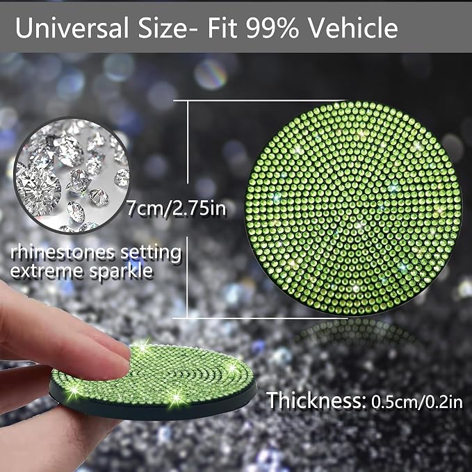 2pcs Bling Car Cup Holder Coaster, 2.75 inch Anti-Slip Shockproof Universal Fashion Car Coasters Insert Bling Crystal Rhinestone Automotive Interior Accessories for Women (2 pcs, Light Green)