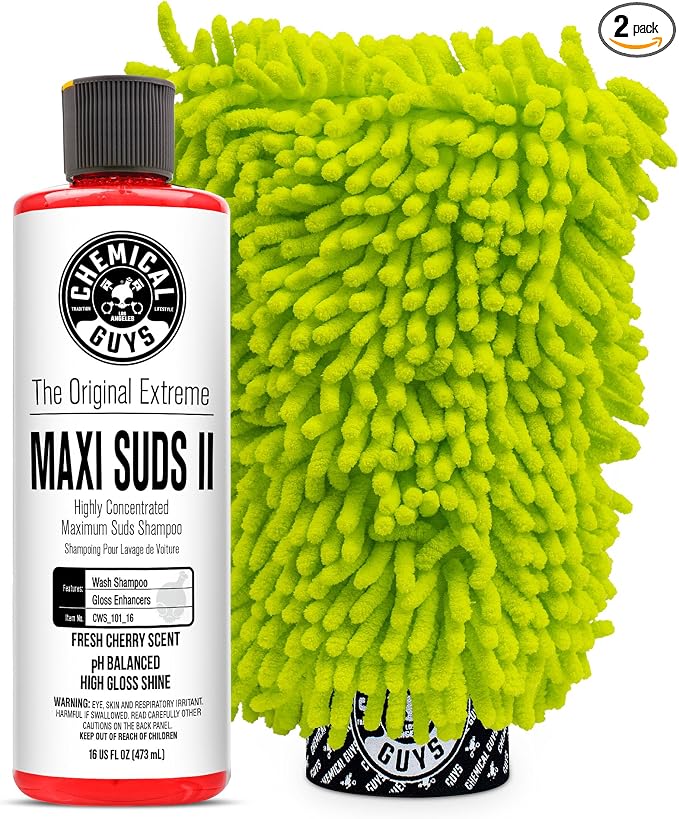CWS_101_16W Car Wash Starter Bundle - Maxi-Suds II Foaming Car Wash Soap, 16 oz, Cherry Scent + Green Chenille Wash Mitt (2 Items) Works on Cars, Trucks, SUVs, RVs & More