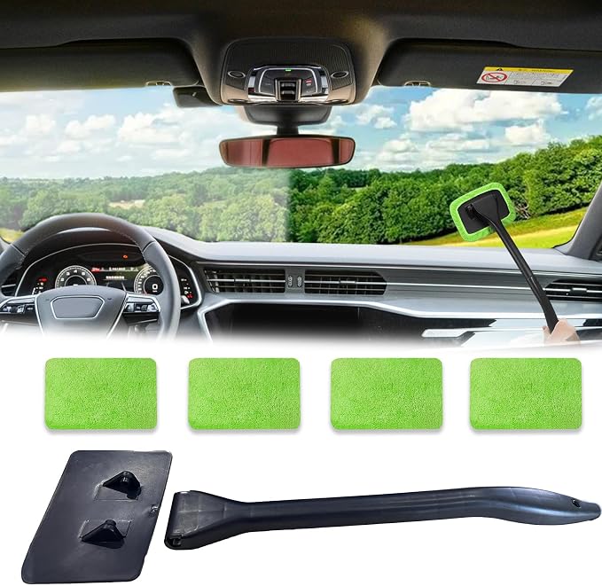 Windshield Cleaning Tool, Extendable Handle Car Window Cleaner with 4 Reusable Microfiber Pads, Auto Inside Glass Wiper for Car Windscreen Cleaning