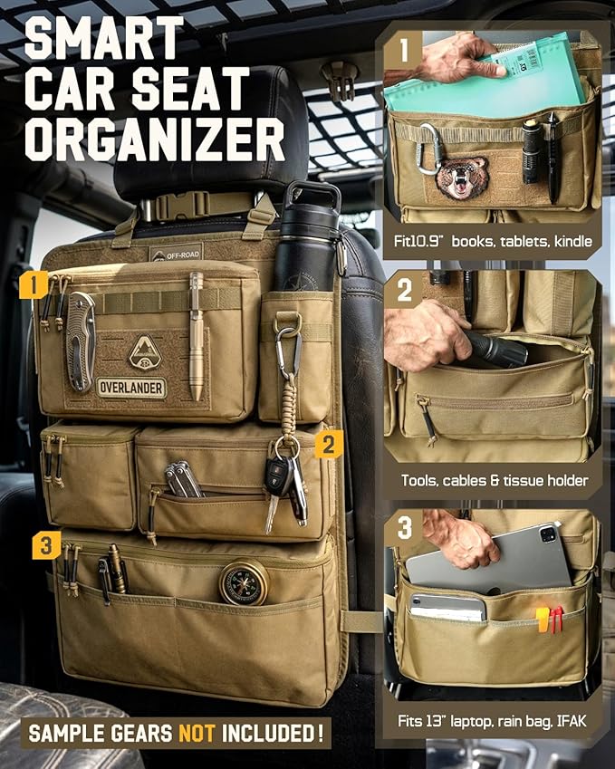 All in One Car Seat Back Organizer Fit Most Cars SUV Trucks Jeeps | Heavy Duty Molle Panel Seat Back Protector with Multi-Pockets Storage, for Tools, Toys, Camping, Travel, Daily Commuting