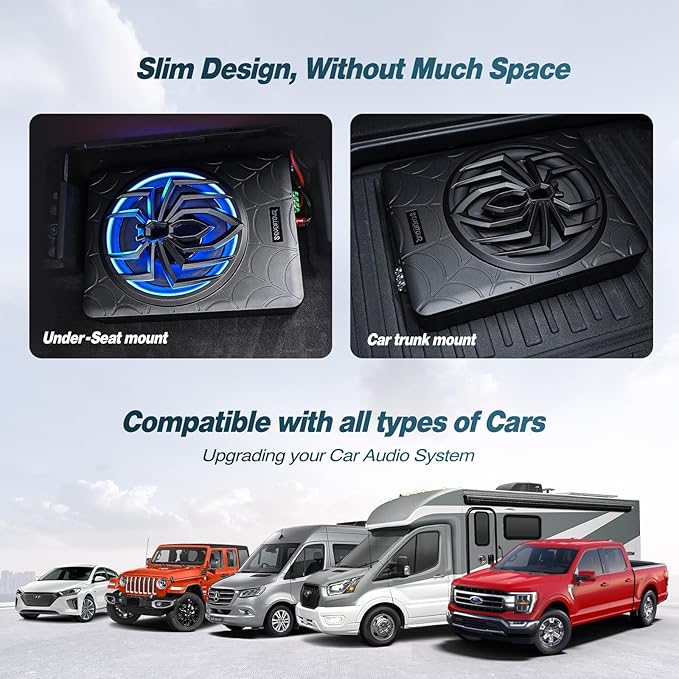 10" 1200W Slim Under Seat Powered Car Subwoofer, Car/Truck Audio Sub Built in Amplifier amp Combo, with RGB LED Light (Subwoofer + Mounting Wire Kit)