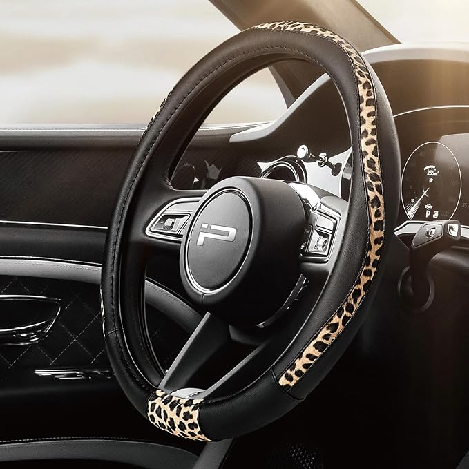 Steering Wheel Cover - Made with PVC Leather and Leopard Fabric - Universal 14 1/2 inches to 15 inches for Most Automotive Steering Wheel - Cheetah Print - Black