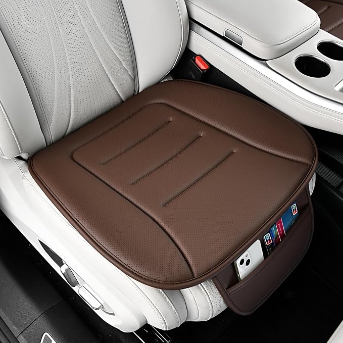 Car Seat Cushion, Comfort Memory Foam Car Cushions for Driving, Breathable Leather Surface with Anti Slip Rubber Bottom, Seat Cushion for Car and Office Chair (2 Pack, Brown)