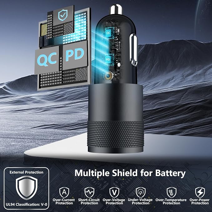 [Apple MFi Certified] iPhone Fast Car Charger, 52.5W USB-C PD&QC3.0 Car Power Cigarette Lighter USB Charger Adapter with 2Pack Lightning Braided Cable for iPhone 14 13 12 11 XS XR X 8 SE iPad