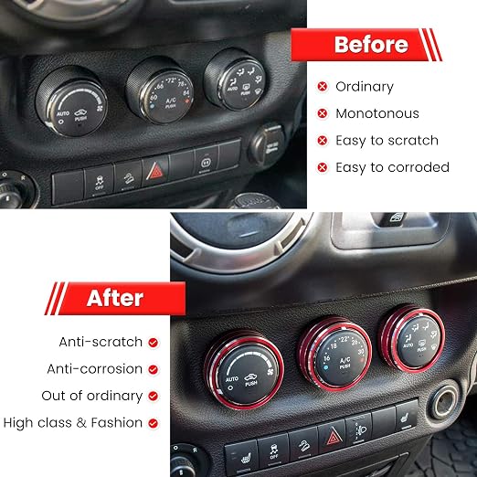 Audio Air Conditioning Button Cover Decoration Twist Switch Ring Trim for Jeep Wrangler JK JKU Patriot 2011-2018, Compass 11-16, Liberty 08-12, Dodge Challenger 08-14 Interior Accessories (Red 3PCS)