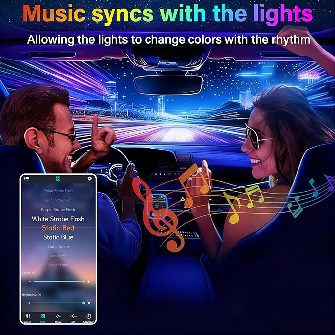 72 LED Lights for Car, 12V LED Strip Lights with Cigarette Lighter Adapter, App & Remote Control Music Sync Color Change, Interior Car Lights for Car Decor, Car Accessories for Women Men