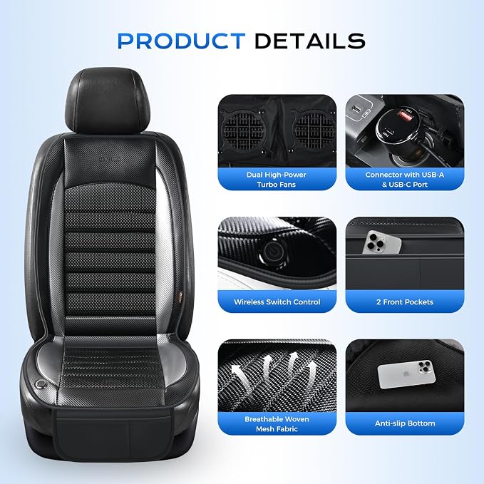 Coverado Cooling Car Seat Cover, Ventilated Seat Cushion for Summer, Cooling Car Seat Pad with Dual Powerful Turbo Fans Universal Fit for Sedan SUV Truck Van, Gray