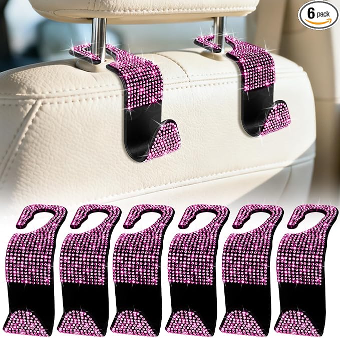 6 Pack Bling Car Seat Headrest Hooks, Rhinestone Purse Hook for Car, Universal Storage Organizer for Handbag Grocery Bags Coats, Bling Car Accessories for Women (Bling Pink)