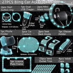 27 PCs Aquamrine Bling Car Accessories Set for Women, Steering Wheel Covers Universal Fit 15 Inch, Bling License Plate Frame, Bling Phone Holder, Bling Car Coasters (Aquamrine Diamond)