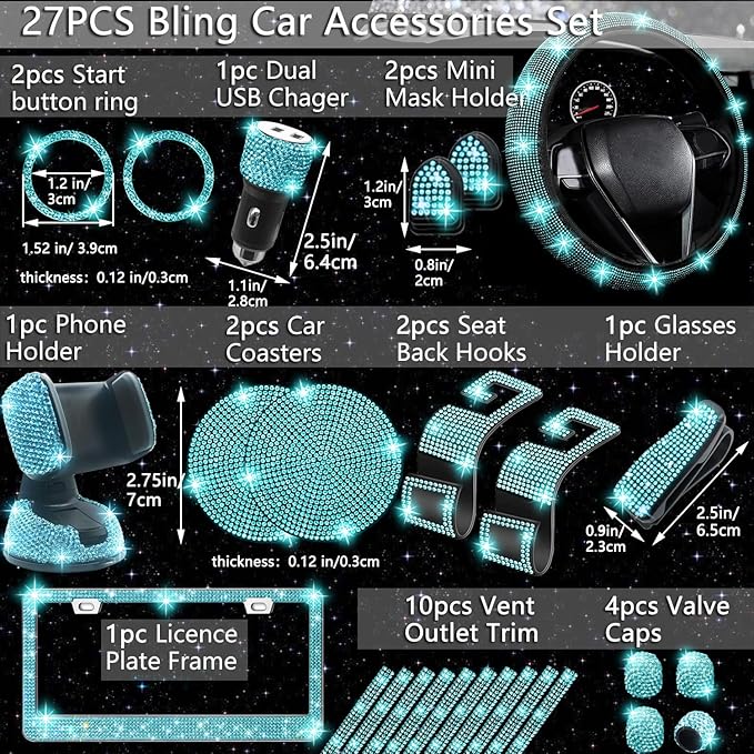 27 PCs Aquamrine Bling Car Accessories Set for Women, Steering Wheel Covers Universal Fit 15 Inch, Bling License Plate Frame, Bling Phone Holder, Bling Car Coasters (Aquamrine Diamond)