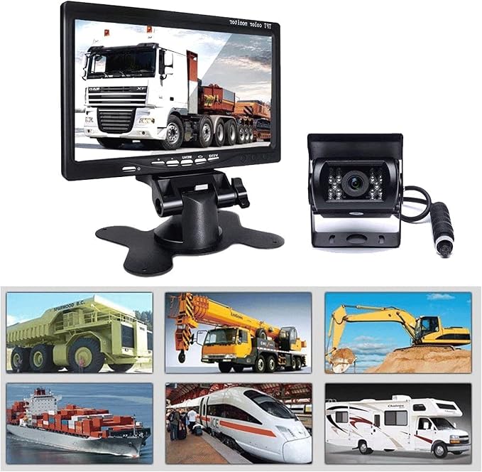 7" Backup Camera with Monitor Kit, Waterproof 18 IR LED Night Vision Reverse Camera + Rear View Monitor Vehicle Parking System for RV Bus Trailer Truck (65ft 4-Pin Aviation Video Cable)
