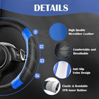 Air Mesh Leather Car Seat Covers Full Set, Waterproof Car Floor Mats, Sporty Steering Wheel Cover 14.5-15in, Universal Fits for 95% Cars Truck SUV (Black and Blue)