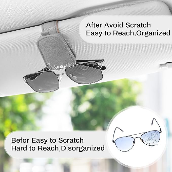 Sunglasses Holder for Car, Leather Magnetic Buckle Sun Visor Sunglass Clip, Ticket Card Storage Glasses Clip, Car Interior Accessories for Men and Women（2PCS Gray）