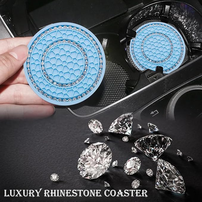 4PCS Bling Crystal Rhinestone Cup Holder Coaster, 2.75 inch Soft Silicone Anti-Slip Shockproof, Car Cup Holder Insert Coasters, Universal Car Interior Accessories for Women (Light Blue & White)
