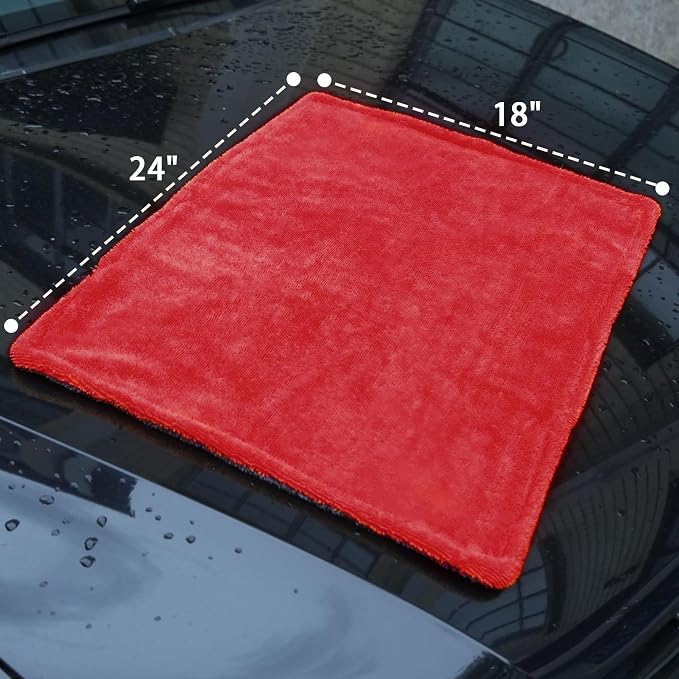 2 Pack Car Drying Towel, Premium Microfiber Towels for Cars, 1000GSM, Edgeless Twisted Loop Design, No Streaks, Scratches, or Water Spot, Absorbent Wash Towel, 18" x 24" (Red&Grey)