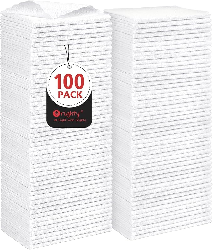 Orighty Microfiber Cleaning Cloth, 100 Pack Microfiber Towels for Cars, Multi-Purpose Shop Towels Cleaning Rags Bulk for Car, Home, Kitchen, 11.5’’ x 11.5’’, White