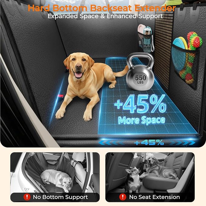 Upgraded PU Leather Back Seat Extender for Dogs - Large Hard Bottom Dog Car Seat Cover Holds 550lbs, Waterproof Dog Hammock Pet Bed with High-Density Foam Non-Slip Backseat Protector