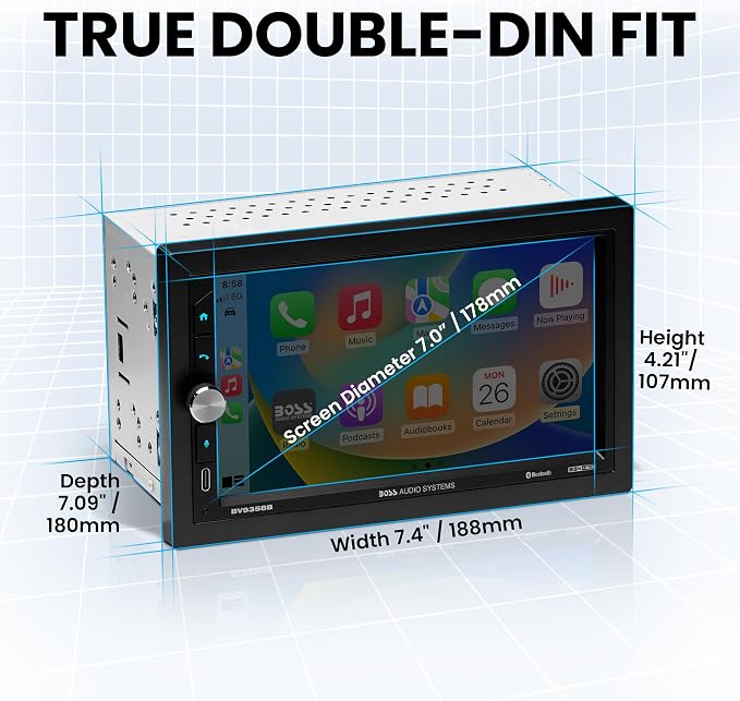 BV9358B Car Stereo – Wireless CarPlay Android Auto, Double Din, 7 Inch Touchscreen, Bluetooth, NO CD DVD Player, AM/FM Radio Receiver, A/V Input, USB