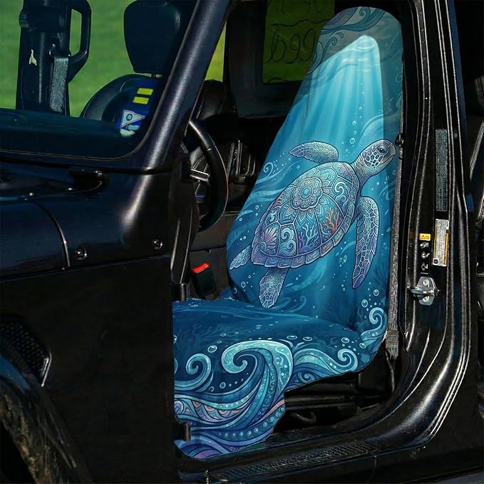 2 Pack Car Seat Towel Covers, Sweat-Proof Microfiber Seat Protectors for Gym, Running, Beach & Workout, Breathable Quick-Dry, Machine Washable, Ocean Sea Turtle Print, Universal Fit
