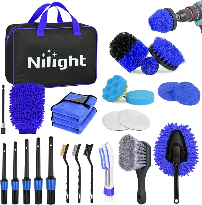 27PCS Car Detailing Kit Auto Cleaning Tools Wash Set with Storage Carry Bag Home Use for Interior Exterior Deep Clean Polish Car Care Windshield Dashboard Seat Air Vents Wheels Tires, Blue