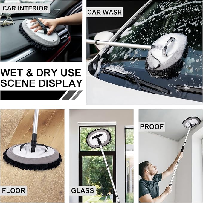 62" Car Wash Brush Kit Mitt Mop Sponge with Long Handle Chenille Microfiber Car Cleaning Brush Kit Supplies Car Washing Mop Kit Car Care Kit of Scratch-Free Replacement Head for Car RV Truck
