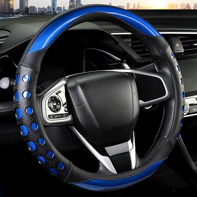 PU Leather Car Steering Wheel Cover with Anti-Slip Grip, for Women and Men, Universal Fit for 14.5-15 Inch Cars, Trucks, SUVs (Blue (Round), Medium(Standard) Size[14 1/2''-15''])