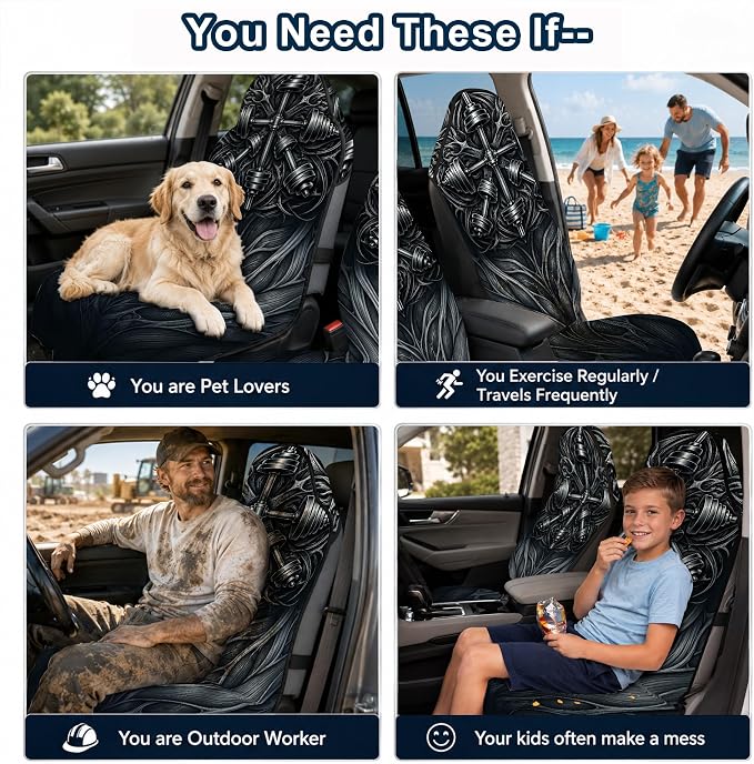 Car Seat Towel Cover 2 Pack for Front Seats, Sweat Absorbent Car Seat Protector with Non-Slip Backing, Waterproof Towel Car Seat Covers for Runners, Gym, Swimming, Beach, Pets, Iron Dumbbell
