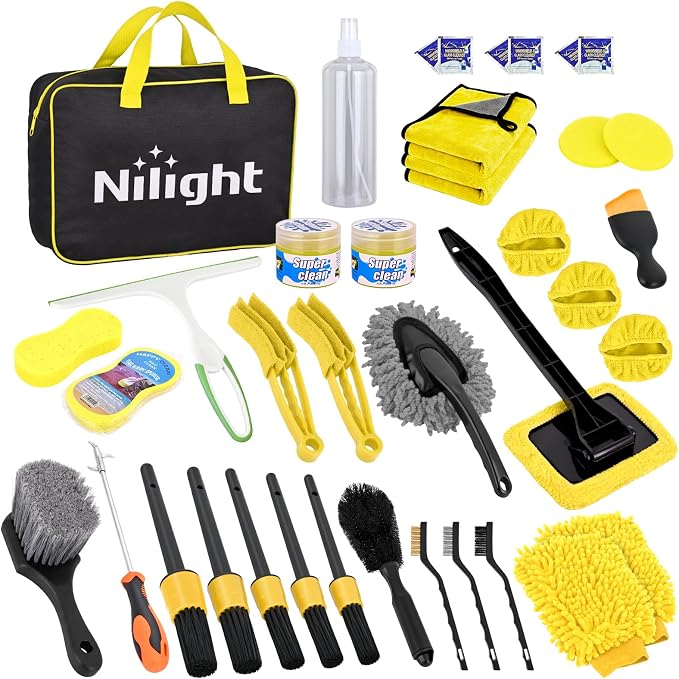 37PCS Car Detailing Kit Auto Cleaning Tools Wash Set with Storage Carry Bag Home Use for Interior Exterior Deep Clean Car Care Windshield Dashboard Seat Air Vents Wheels Tires, Yellow