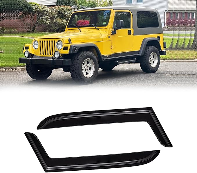 Window Visor for 1997-2006 Jeep Wrangler (TJ) 2-Door, Out-Channel Rain Guards Shields Vent Deflector Shade Wind Dark Smoke, Tape-On Outside-Mount, 2PCS