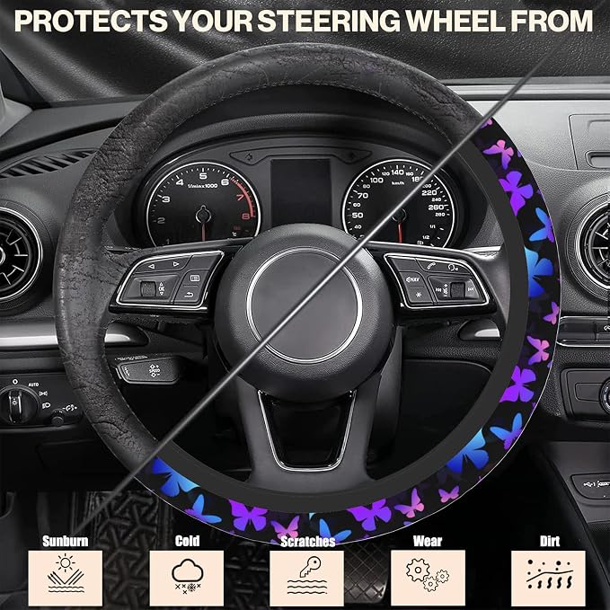 Colorful Butterflies Steering Wheel Covers Universal 15 Inch Car Wheel Cover,Anti-Slip Breathable Car Accessories Protector Fit for Trucks,Sedans,SUVs,Vans