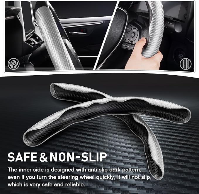 Steering Wheel Cover, Carbon Fiber Steering Wheel Cover Men/Women, Anti-Slip, Heat Resistant, Durable, Universal for 99% Car Interior Accessories (Silver)