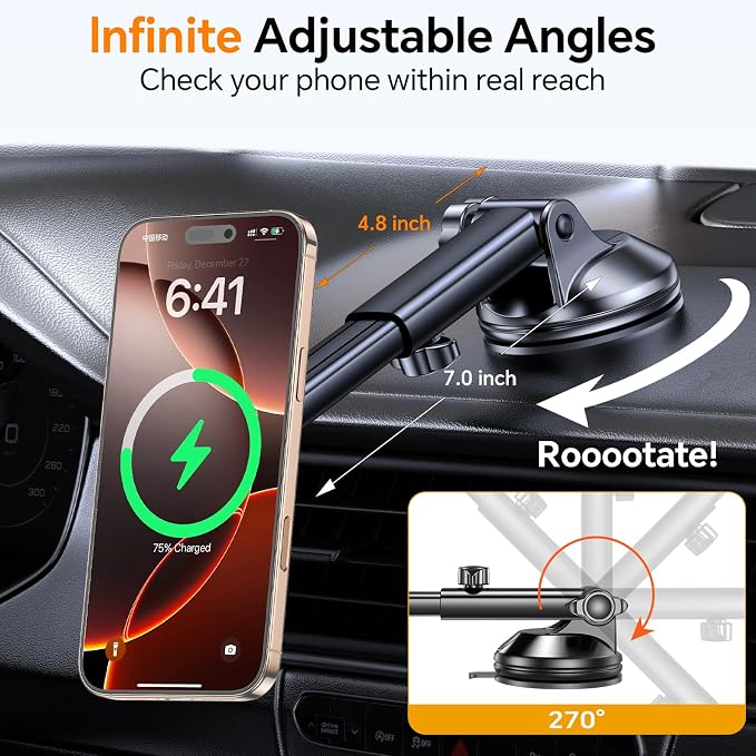 for MagSafe Car Mount Charger【Ultra Magnet】 Magnetic Phone Holders for Your Car Charger【Windshield+Vent+Dash】 Magnetic Wireless Car Phone Holder Charger Car Mount for iPhone 17 (Carbon Fiber)