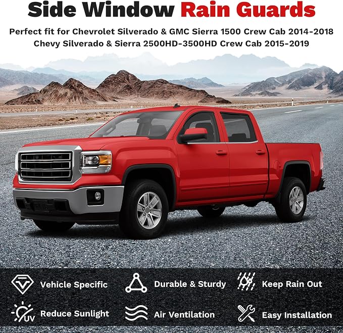 Window Visors Rain Guards for 2014-2018 Chevy Chevrolet Silverado/GMC Sierra 1500 Crew Cab/15-19 Silverado/Sierra 2500HD 3500HD Accessories, Side Window Wind Deflectors Vent Visors Rainproof