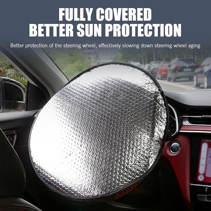 Car Steering Wheel Sun Shade, Steering Wheel Cover, Sun Heat Shield Anti-Heat Aluminum Foil Steering Wheel Shade, Heat Shield, Universal Car UV Protector (18.11 x 18.11Inch)