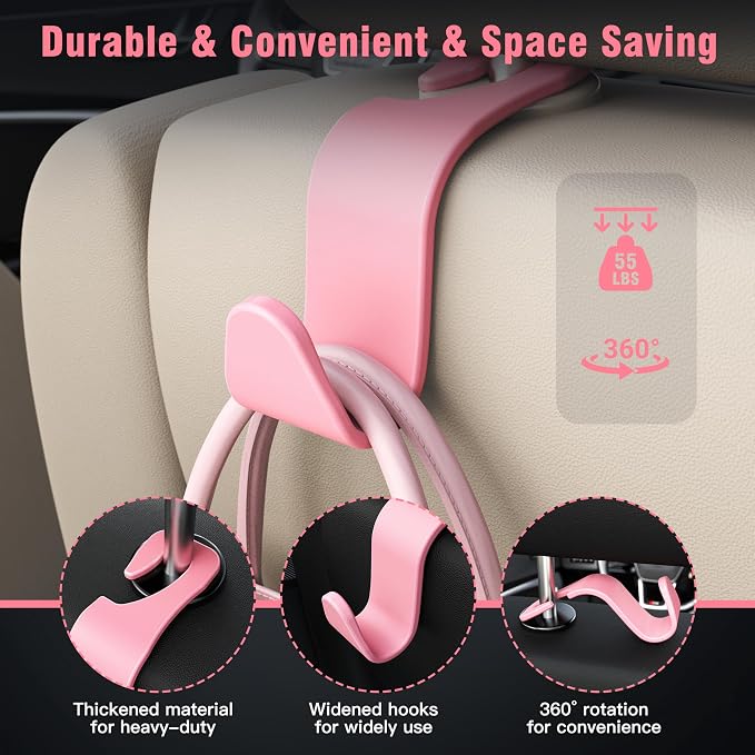 Universal Car Headrest Hooks, Car Organizer Hanger Storage Hooks for Bag Purse Cloth Grocery (Pink Set of 4)