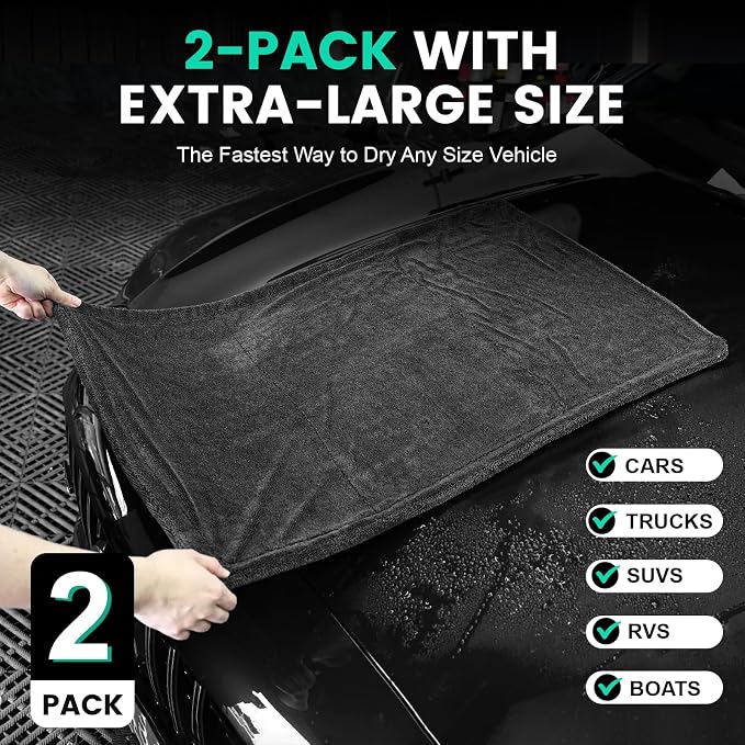 2 Pack Double-Sided Car Care Extra-Large, Ultra-Absorbant Microfiber Drying Towel for Cars and Trucks, Super Absorbent Car Drying Towel, 1300GSM, 35" x 24"