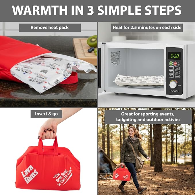 Vesture Lava Buns MicroCore Heated Seat Cushion - Cordless Portable Warmer for Office, Car, Home & Outdoor Events - Fast Even Heat - Soft Red Fabric - No Cords No Batteries - Winter Comfort Pad