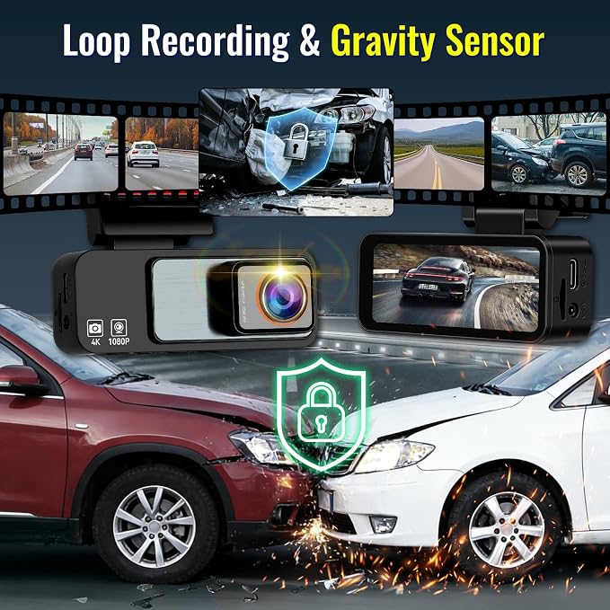 4K Dash Cam Front and Rear, 3.16" Screen Dual Dash Camera for Cars with WiFi & GPS, Night Vision, 170°Wide Angle Car Dashboard Cam, G-Sensor, Loop Recording, 64GB Card Included