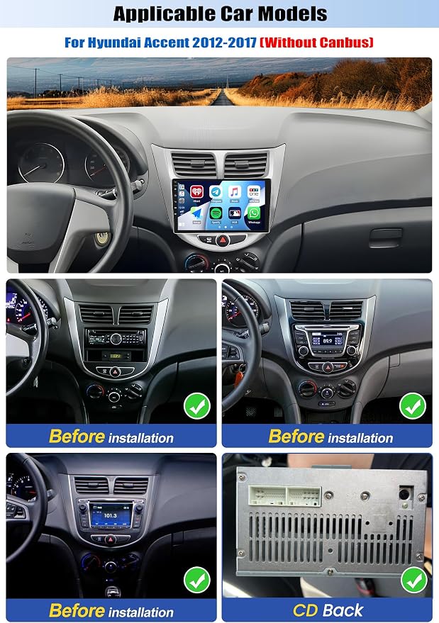 8-Core 6+128GB Car Radio Stereo for Hyundai Accent Verna Solaris 2012-2016 Android 15 CarPlay Android Auto 9" 1280*720 Touch Screen Head Unit with Bluetooth 5.0 DSP 32EQ GPS FM Backup Camera