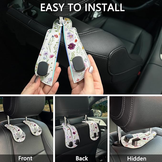 2PCS Car Seat Back Storage Headrest Hooks, Flowers Floral Purse Holder Bags Hanger, PU Leather Double Metal Hook for Backseat Organizer, Women Car Accessories Organization