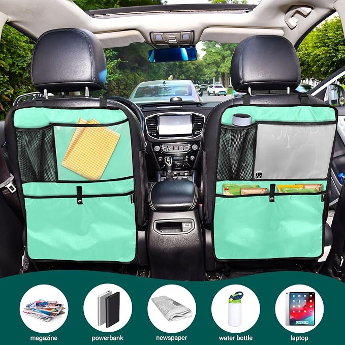 Aquamarine Seat Back Organizer Back Seat Protector with Storage Pockets, 2 Pack Kick Mats for Vehicles To Protect From Dirt