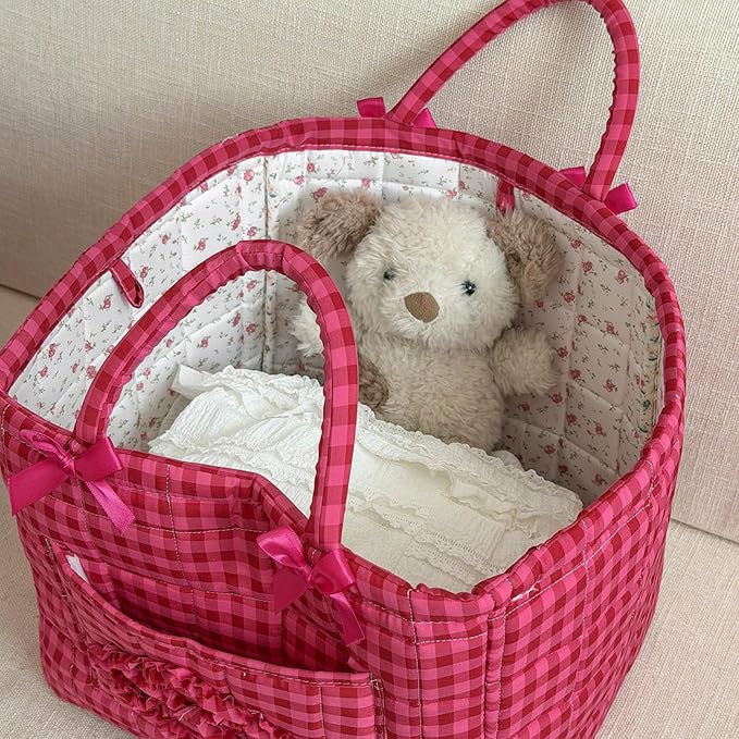 Floral Fabric Storage Basket Car Interior Storage Basket Underwear Sundries Laundry Baskets Supplies Home Organizer Bag (Rose red plaid)