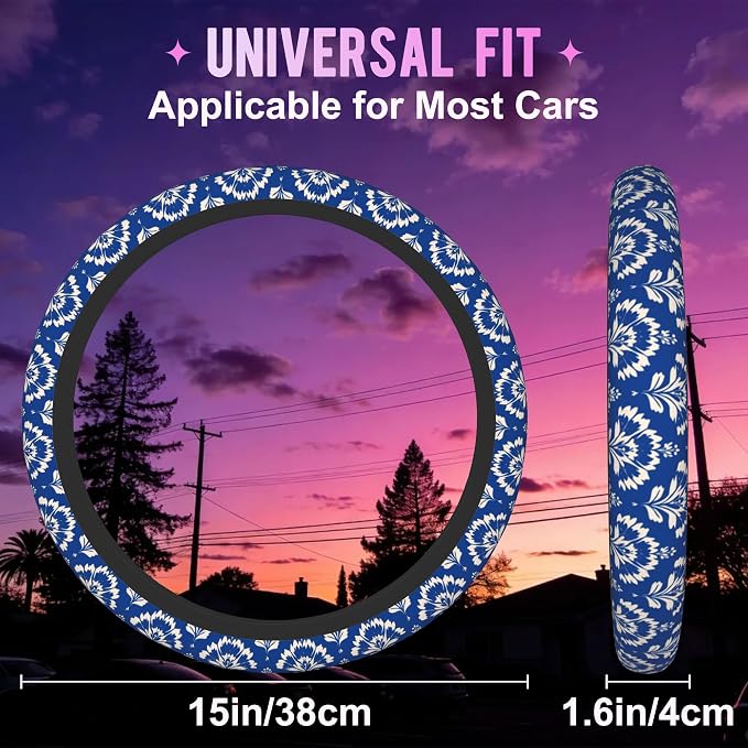 Blue Damask Flower Steering Wheel Cover for Women Men Neoprene Breathable Wheel Cover Protector Anti-Slip Car Accessories Universal 15 Inch Fit for Cars Trucks Vehicles