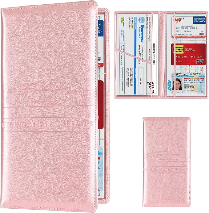 Car Registration and Insurance Card Holder, Vehicle License Document Glove Box Compartment Organizer, Interior Car Accessories for Women Men (Rose Gold)