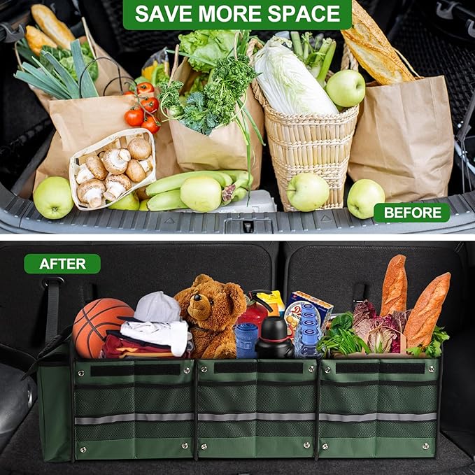 Snuopfy,115L Heavy Duty Collapsible Trunk Storage, with Insulated Leakproof Cooler Bag Vehicle Cargo Organizer with Lid, 3 Compartments, Straps For Car,Suv,Jeep,Sedan-Green