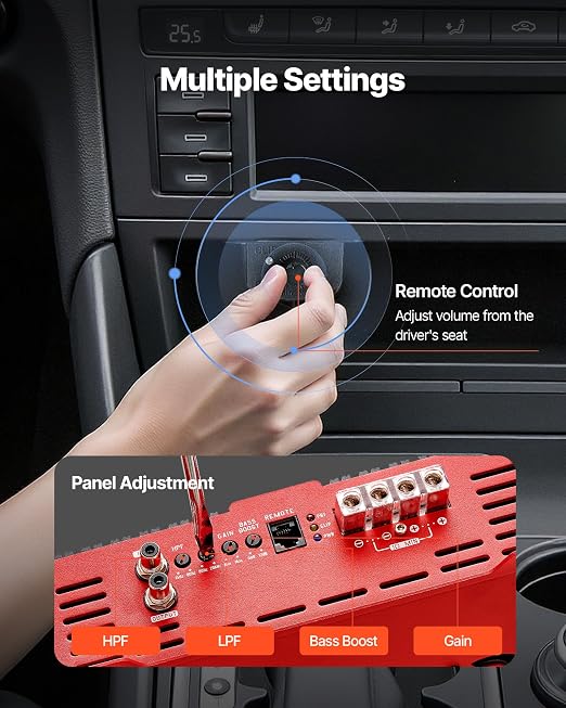 Monoblock Car Amplifier, 2000W RMS MAX, 1/2/4 Ohm Stable, 1-Channel Class D Car Audio Amplifier with Remote Subwoofer Level Control, Low Pass Filter and Bass Boost, Volume Controller Included