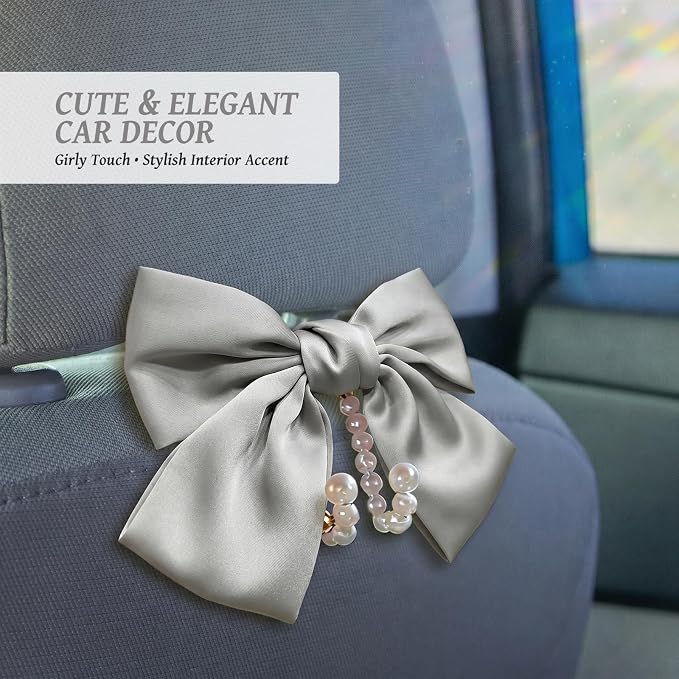 2 PCS Bow Pearl Car Seat Headrest Hook – Cute Purse Hook for Car, Girly Interior Decoration Accessories Hook Hanger, Seatback Holder for Purses & Bags, Elegant Car Organizer (Moonlight Grey)