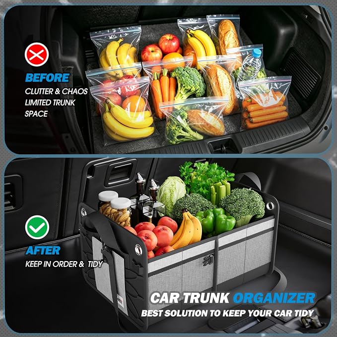 Trunk Organizer for SUV, Large Capacity Car Organizer and Storage with 2 Compartment, Foldable Trunk Organizer for Car, 70L Grey