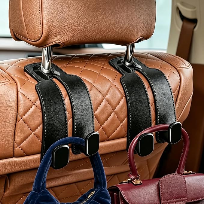 Car Seat Headrest Hooks, 4 Pack Universal Purse Hook for Car, Bag Holder with Double Hooks, Back Seat Storage Organizer for Purses, Handbags, Grocery